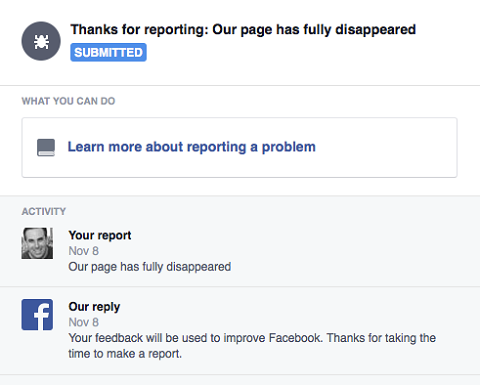 reporting missing Facebook page