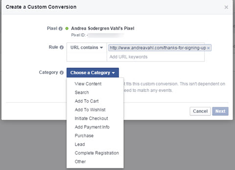 facebook custom conversions category