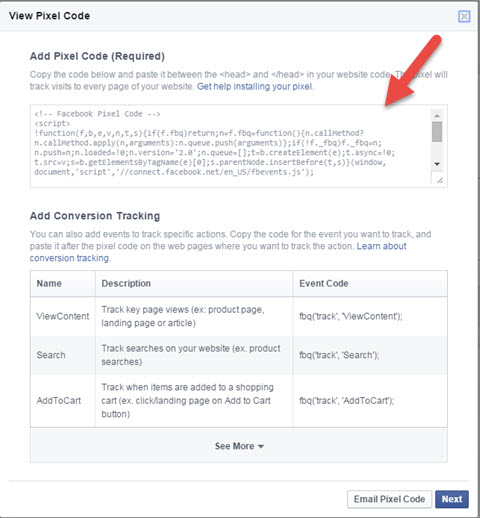 facebook pixel code