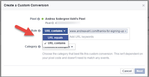 facebook custom conversions url rule