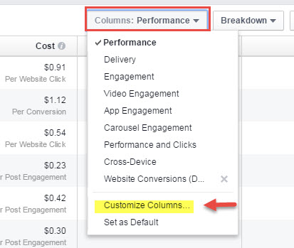 customize facebook ad report columns