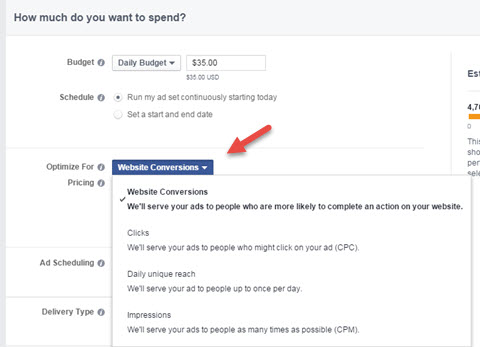 facebook ad conversion optimization selection