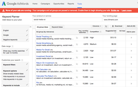 adwords keyword planner search results