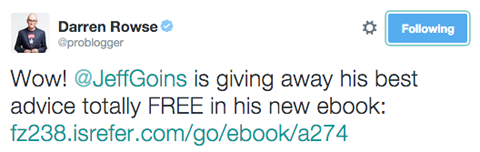 darren rowse tweet promoting jeff goins ebook