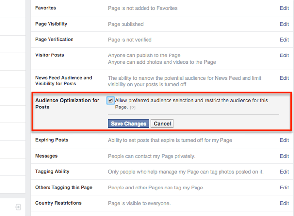 facebook audience optimization for posts settings on