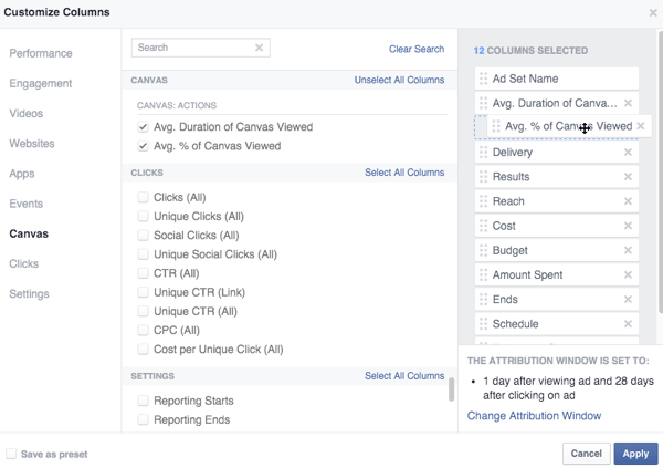 facebook canvas metric options