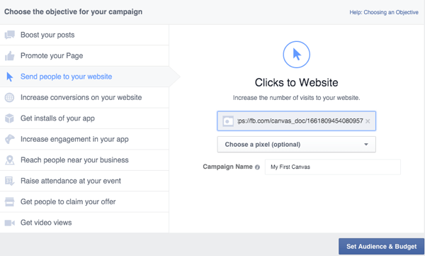 facebook canvas ad set up in ads manager