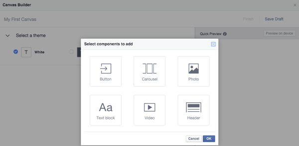 facebook canvas builder component types