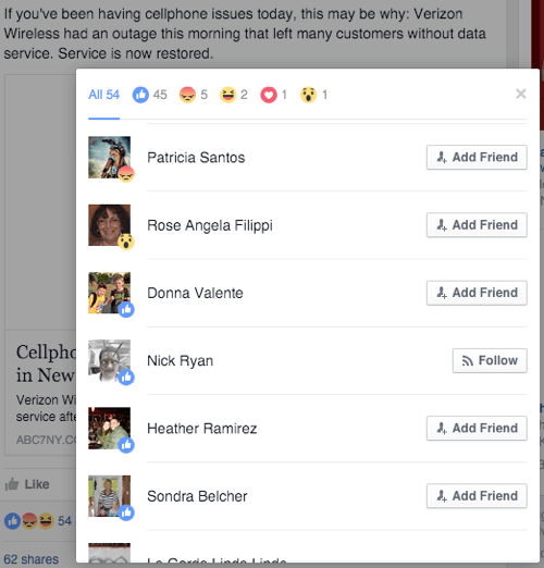 facebook page post about a service outage