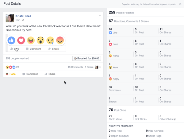 facebook reactions engagement from post