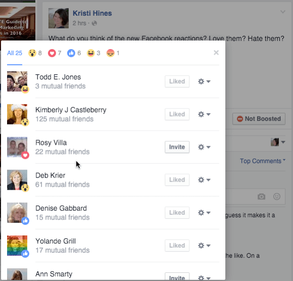 Facebook Reaktionen Details aus einem Beitrag