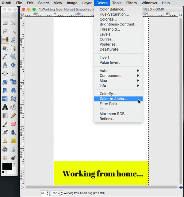 gimp image editing color to alpha option