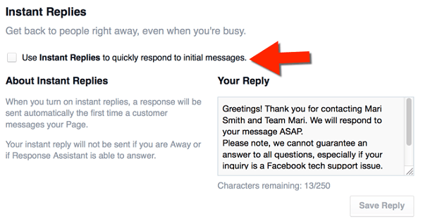 facebook instant replies