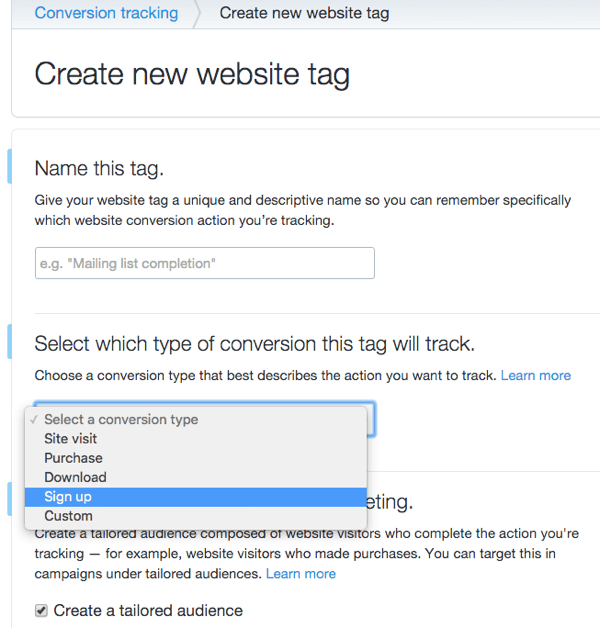 twitter conversion tag creating