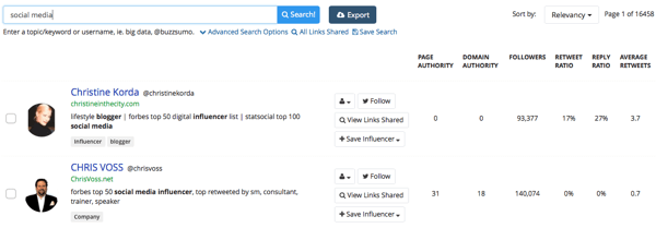 buzzsumo influencer search results