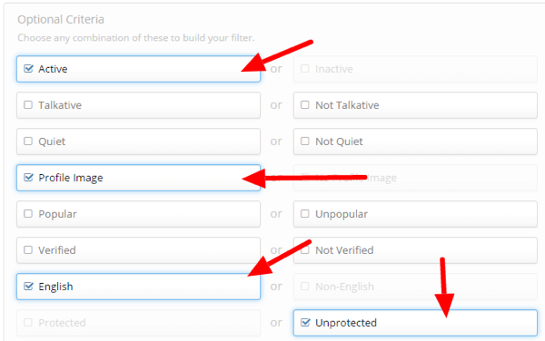 manageflitter optional criteria