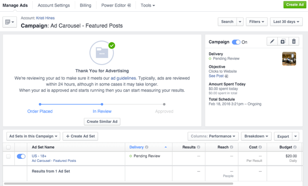 facebook carousel ad in ads manager