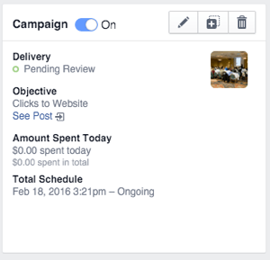 facebook carousel ad campaign status box