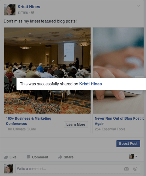 facebook carousel ad shared as a page post confirmation message