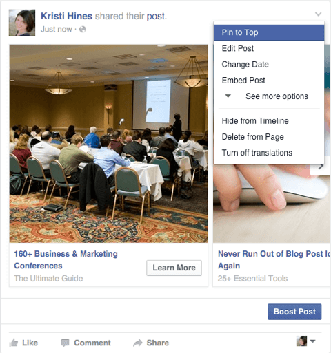 facebook carousel ad shared as a page post with pin feature