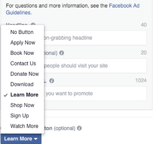 facebook carousel ad image call to action button selection