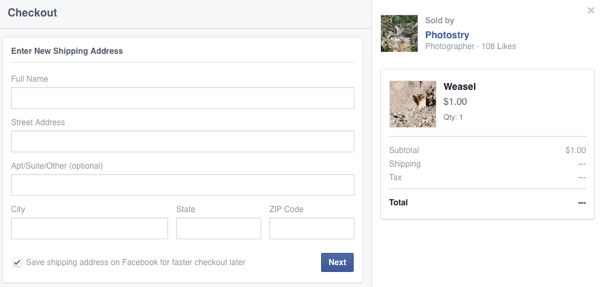 customer enter shipping details for first facebook purchase