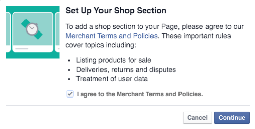 agree to facebook shop merchant terms and policies and continue