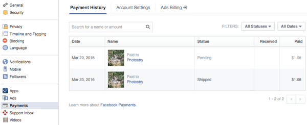 customers view orders in payments section of facebook settings