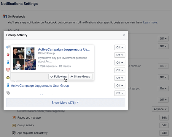 facebook group news feed settings configuration on desktop