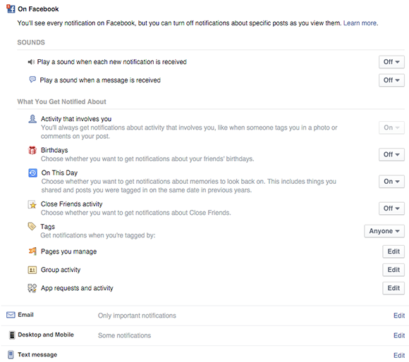 configure general notification settings for facebook profiles