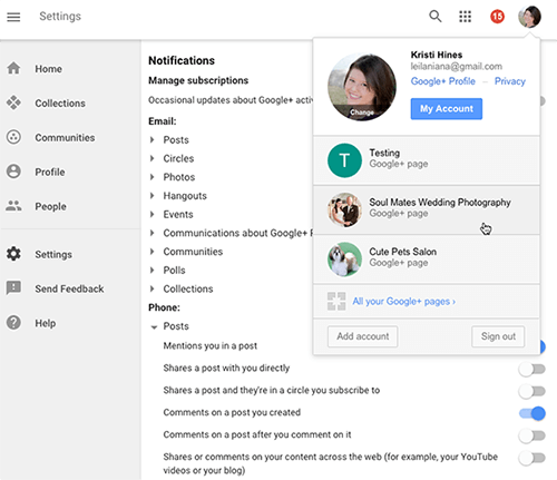 select between googleplus pages on desktop