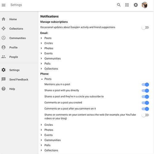 googleplus pages notifications settings on desktop