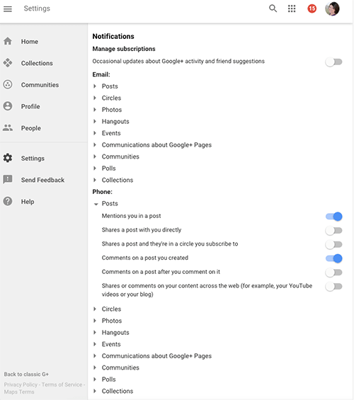 googleplus notification settings on desktop