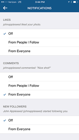iphone instagram app notification options