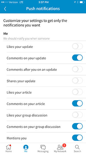 iphone linkedin app notification options