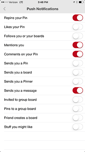pinterest app notification options for iphone