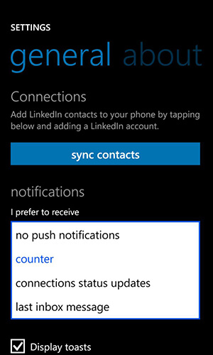 linked in app for windows phone notification options