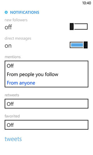 windows phone twitter notification settings