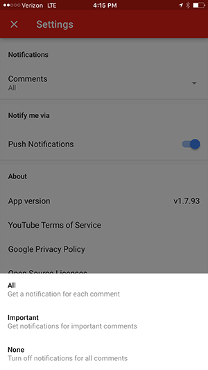 youtube creator studio app notification options for iphone