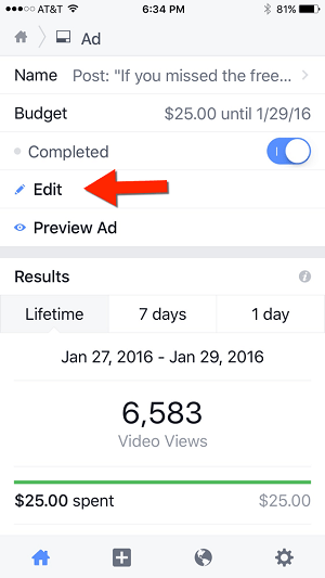 edit ad campaign in facebook pages manager app