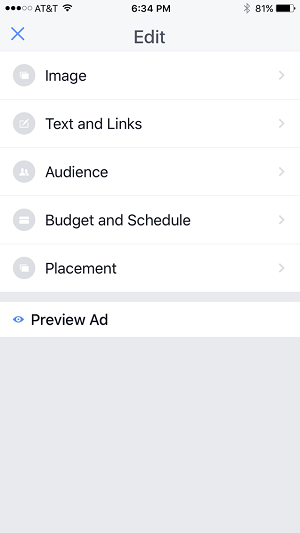 edit options for ad campaign in facebook pages manager app