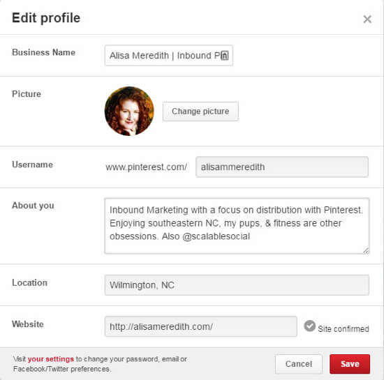 pinterest edit profile