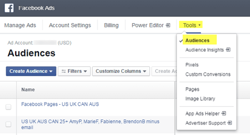 facebook ads menu showing audience under tools