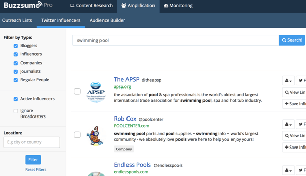 buzzsumo influencer search results example