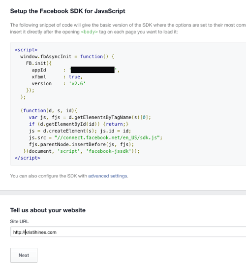 add facebook app code to website
