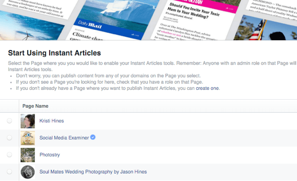 facebook instant articles select page