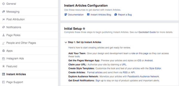 facebook instant articles configuration screen