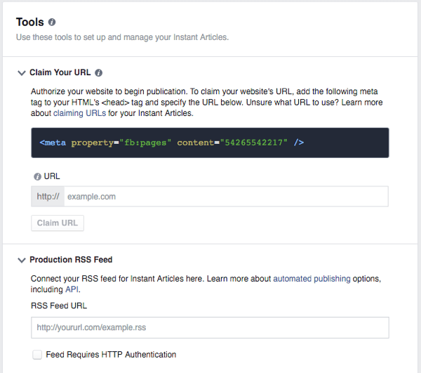 facebook instant articles setup tools