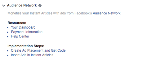 facebook instant articles audience network settings