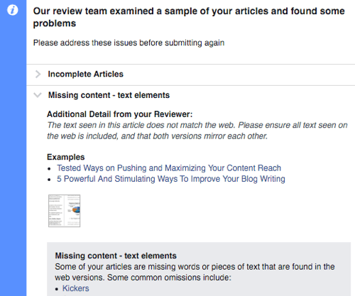 facebook instant articles not approved